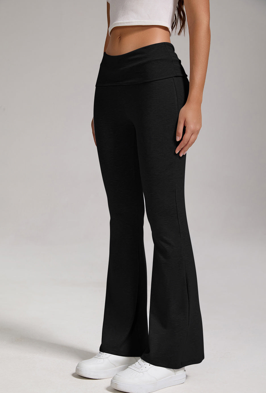 Women's Low Waisted Flared Pants With Folded Waist Wide Leg Pants